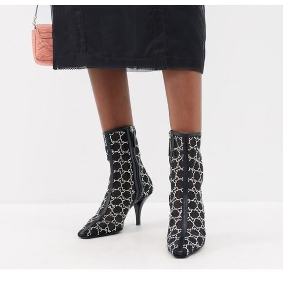 Gucci Demi Crystal GG Logo Mesh Pointed Toe Ankle Boot Black 85mm - Picture 13 of 13